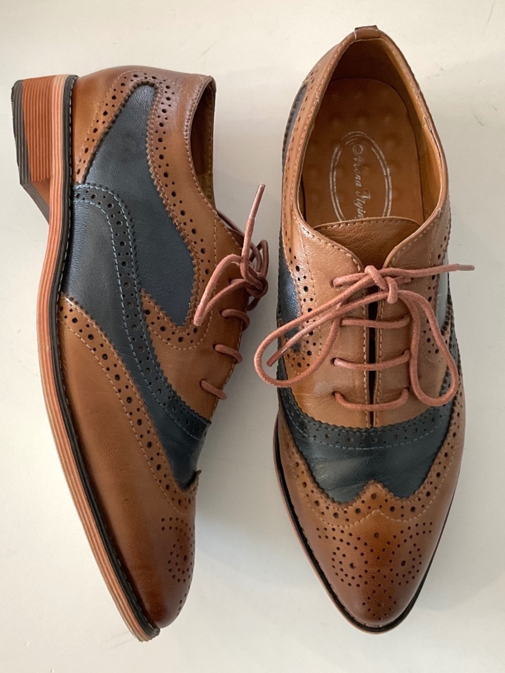 MONA FLYING Stacked Heel Wingtip Oxfords Lace-up Leather Brogue Shoes Size 6.5